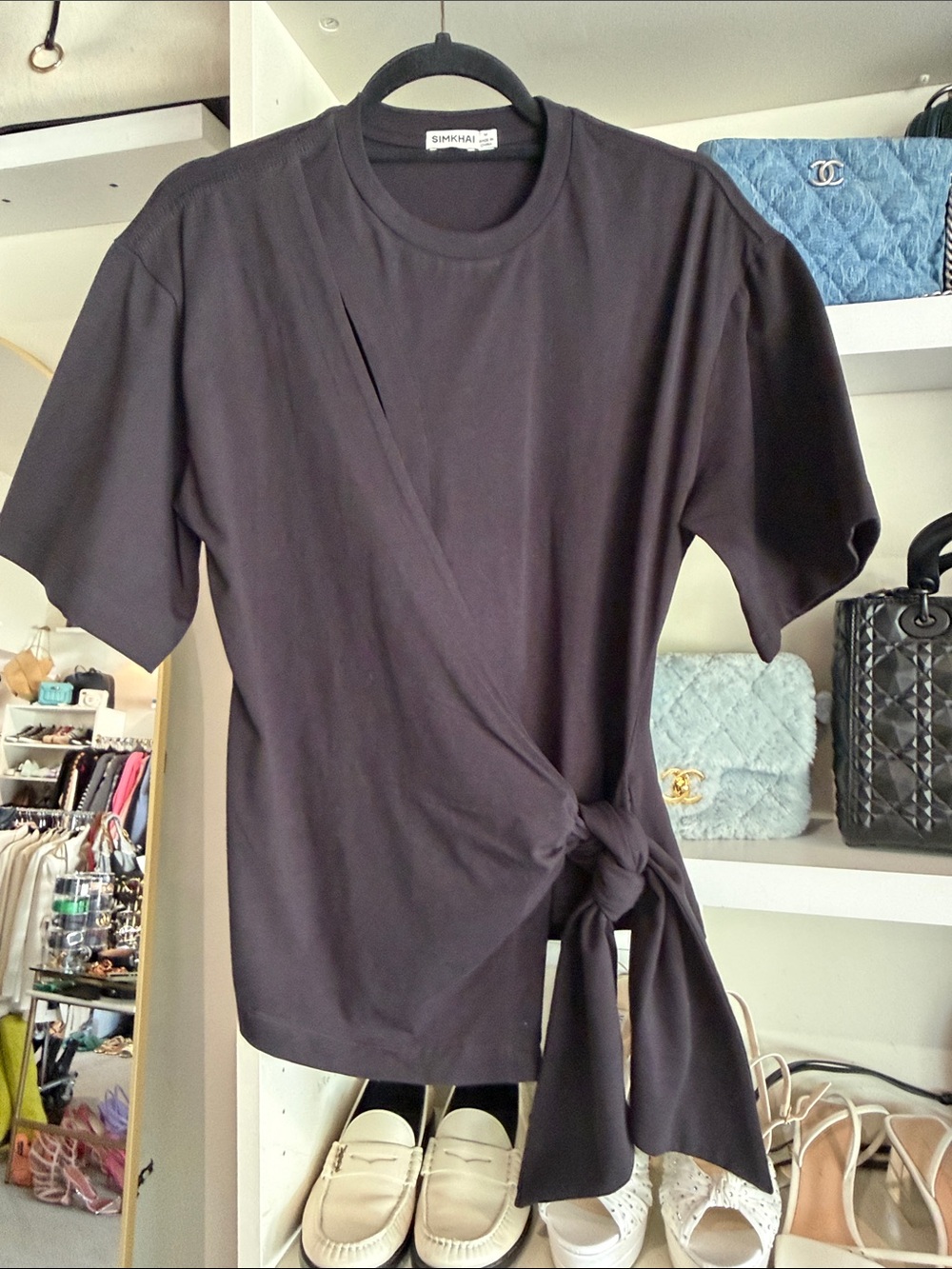 SIMKHAI Black Short Sleeve Knot-Detail Tee